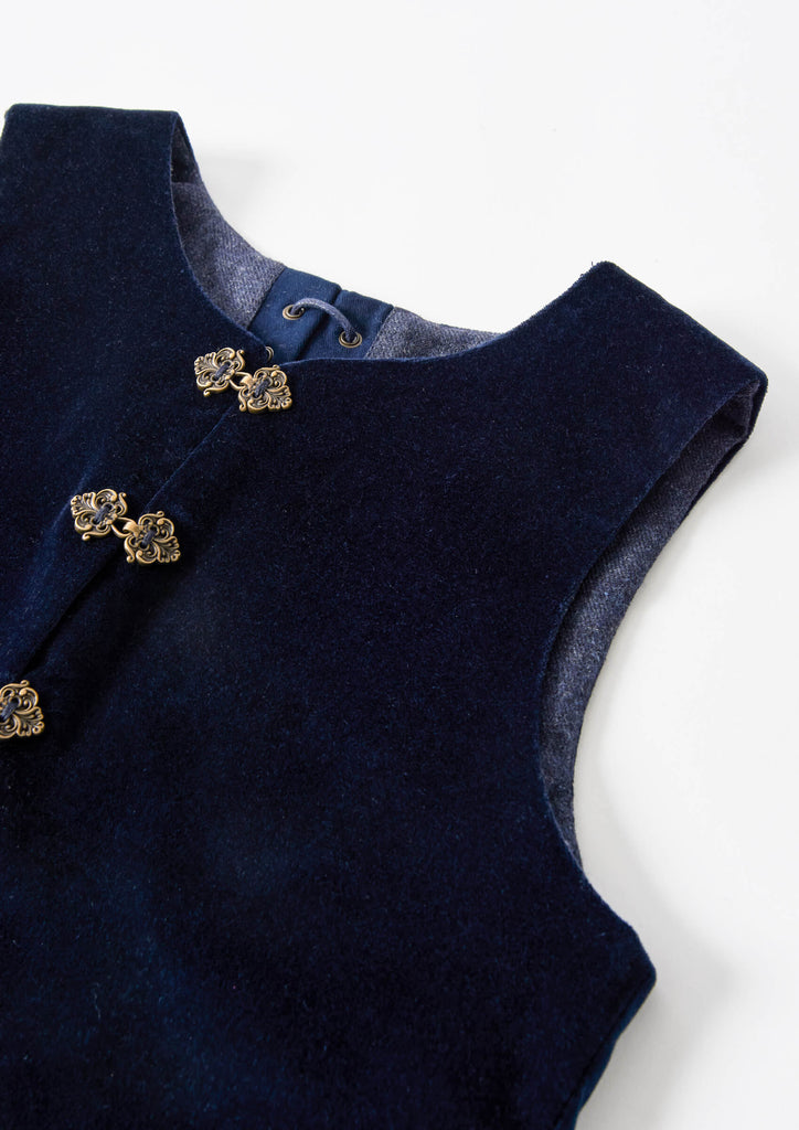 Popelin Navy Blue Velvet Vest And Midi Skirt With Tucks And Embroidered Yoke (104.3 / 106.3)