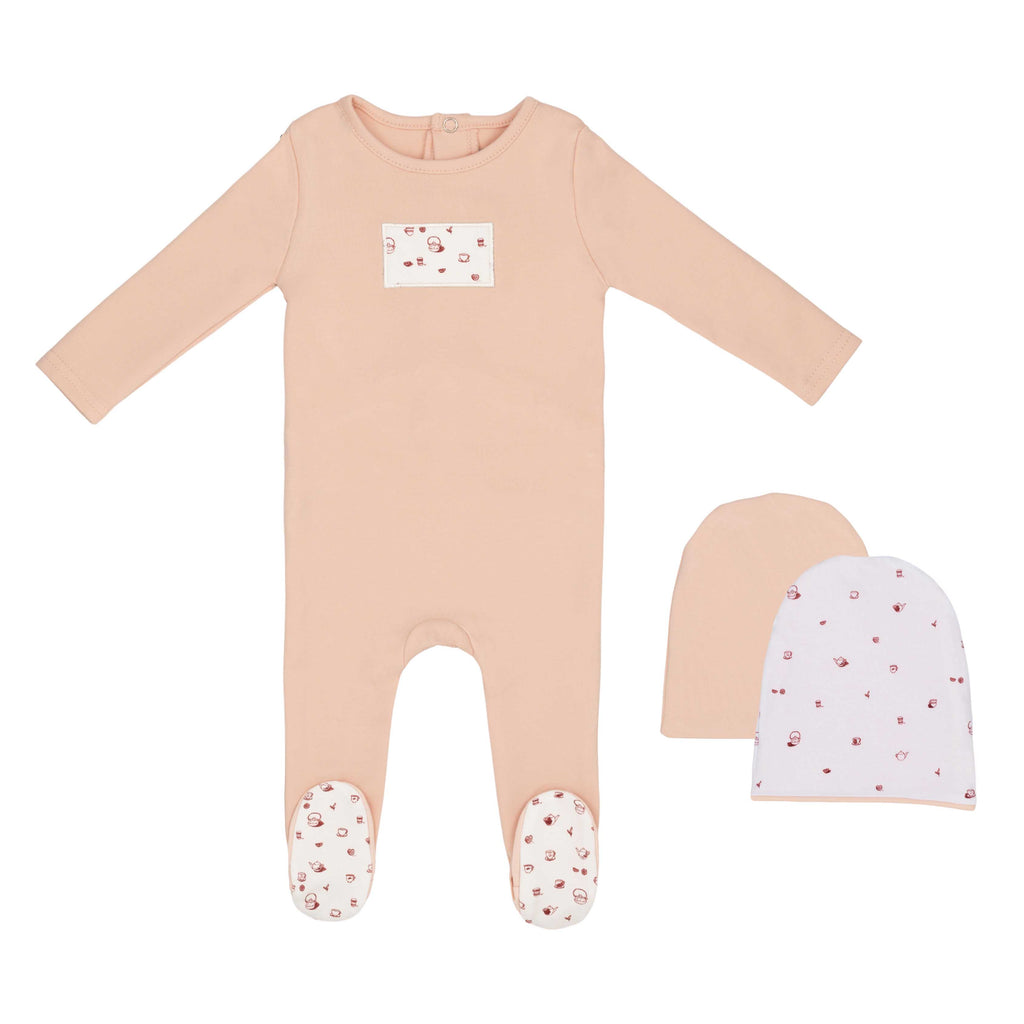Mini Label Girls Tea Print Footie And Hat