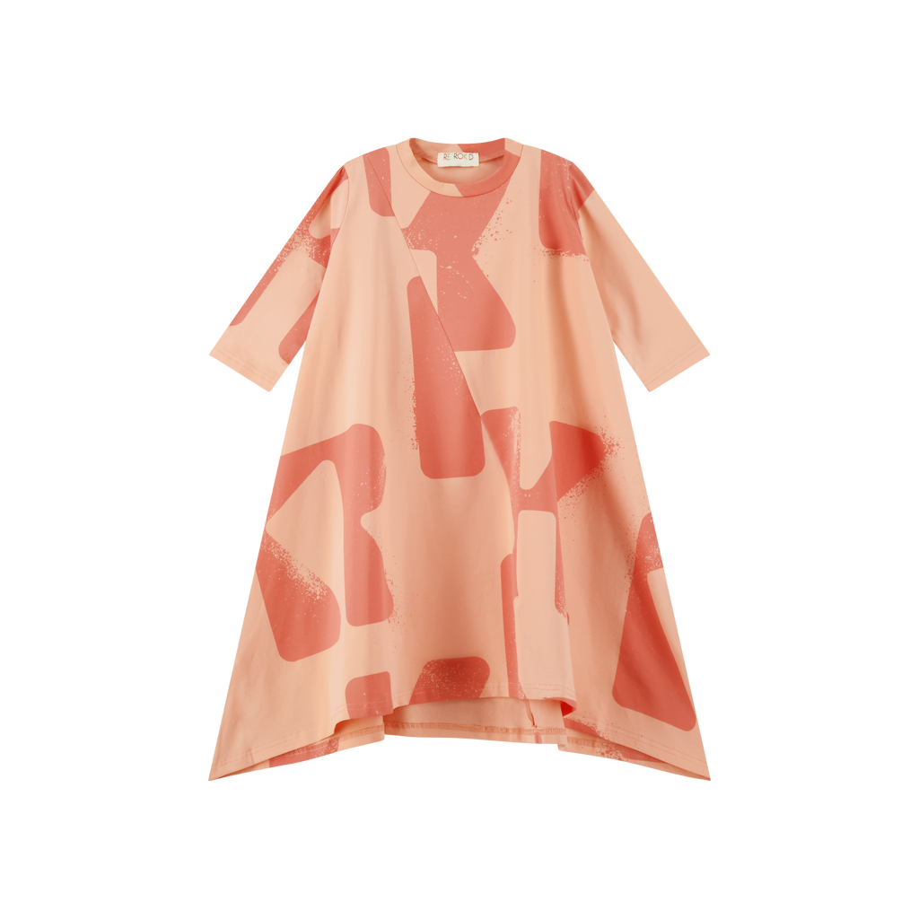 Retro Kid Tess Logo All Over Full Hi Low Dress - Pink Coral (3/4 Sleeve)