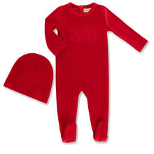 Load image into Gallery viewer, Little Label Velour Embroidered Footie &amp; Hat Set - Girls - Red