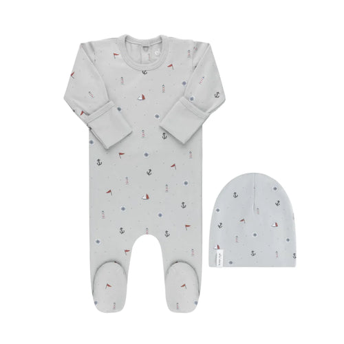 Ely's & Co Jersey Cotton Printed Nautical Footie & Hat - Blue