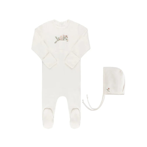 Ely's & Co Rib Cotton - Pocket Full of Flowers Footie & Hat - Flowers/Ivory