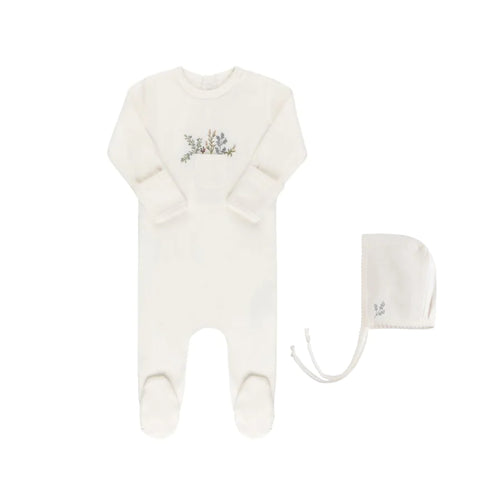 Ely's & Co Rib Cotton - Pocket Full of Flowers Footie & Hat - Leaves/Ivory
