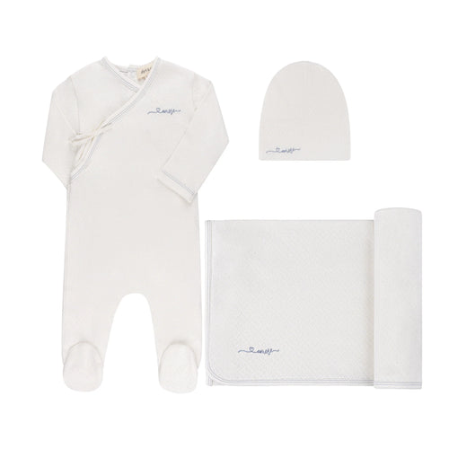 Ely's & Co Organic Amore Pointelle Collection 3PC Layette Set - Ivory/Metallic Blue