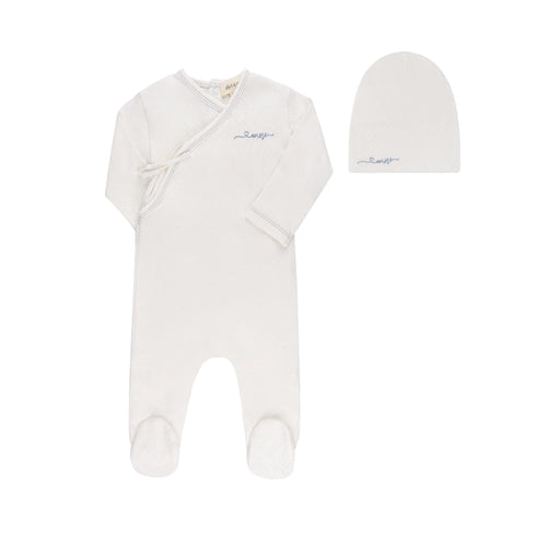 Ely's & Co Organic Amore Pointelle Collection Footie & Beanie - Ivory/Metallic Blue