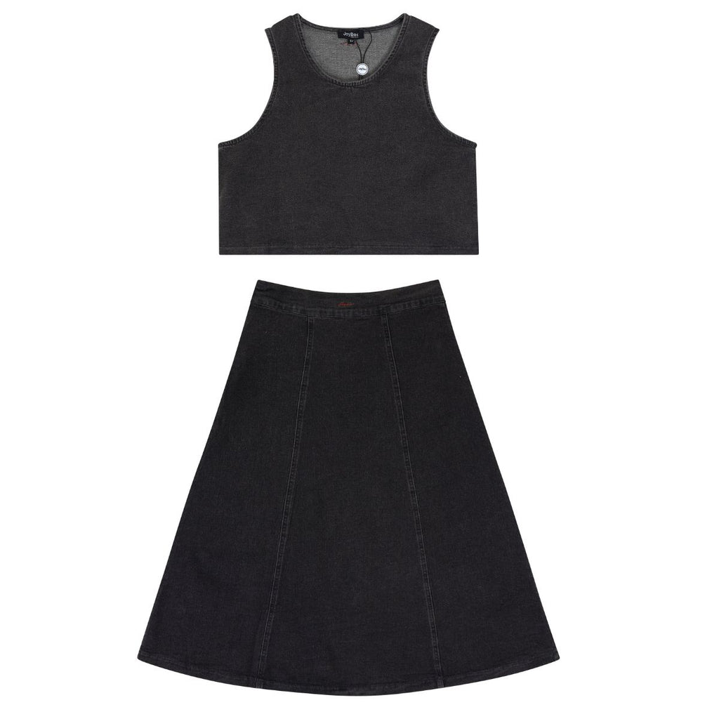 Jaybee Denim Paneled Midi Skirt And Vest Set