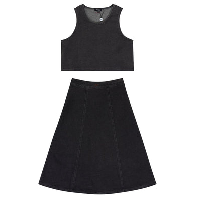 Jaybee Denim Paneled Midi Skirt And Vest Set