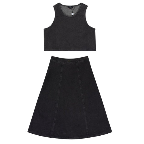 Jaybee Denim Paneled Midi Skirt And Vest Set