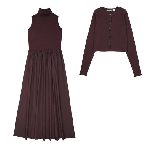 Urban Edge Knit Combo Dress And Cardigan Set - Mulberry
