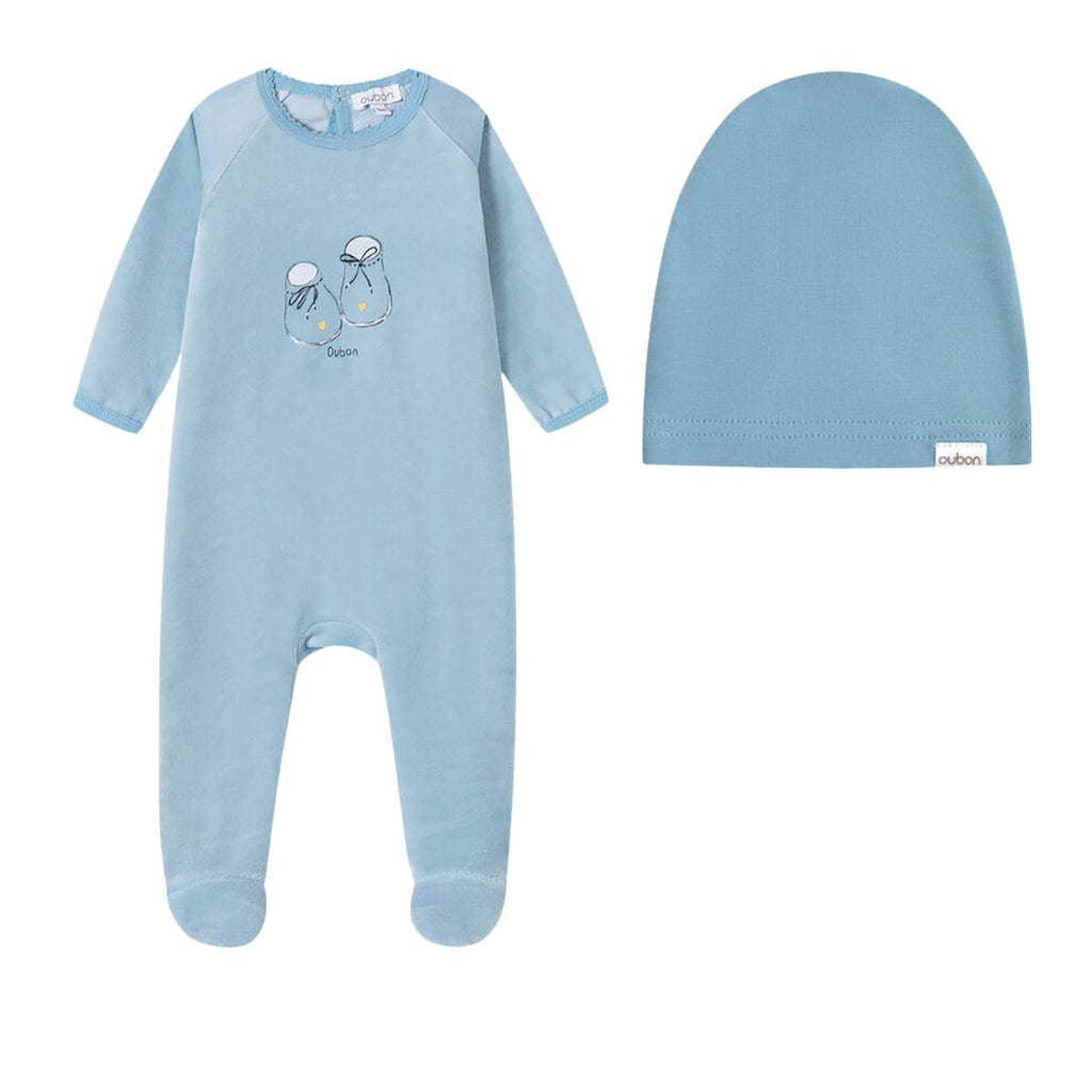 Oubon Bootie Print Velour Footie And Hat - Blue