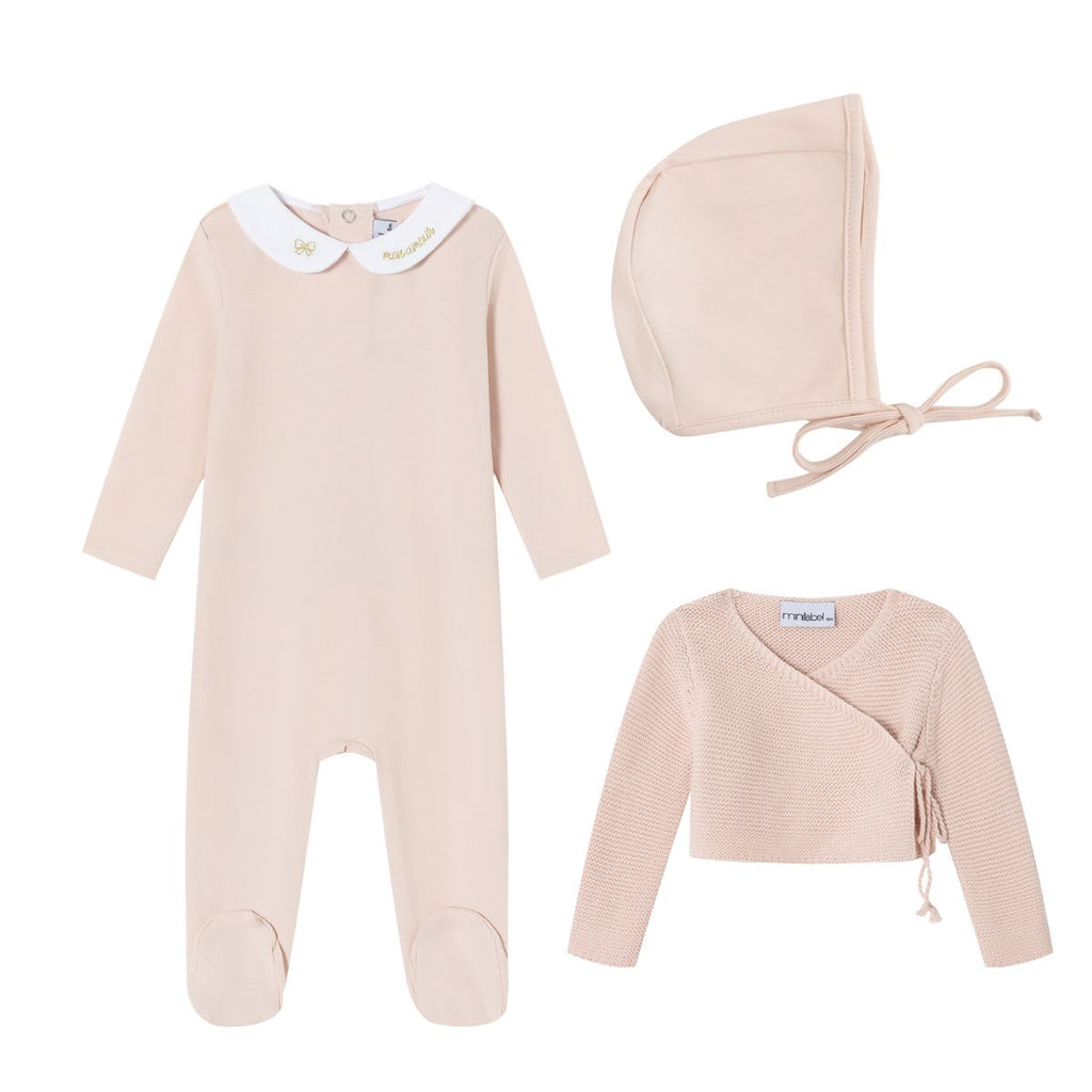 Mini Label Pink Metallic Embroidered Footie, Cardigan, And Bonnet Set