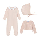 Mini Label Pink Metallic Embroidered Footie, Cardigan, And Bonnet Set