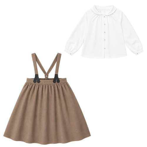 Little Tempest Wool Suspender Skirt And Kerchief Shirt Set - Beige
