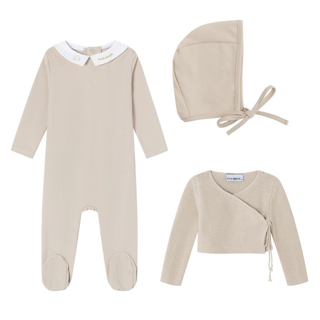 Mini Label Taupe Metallic Embroidered Footie, Cardigan, And Bonnet Set