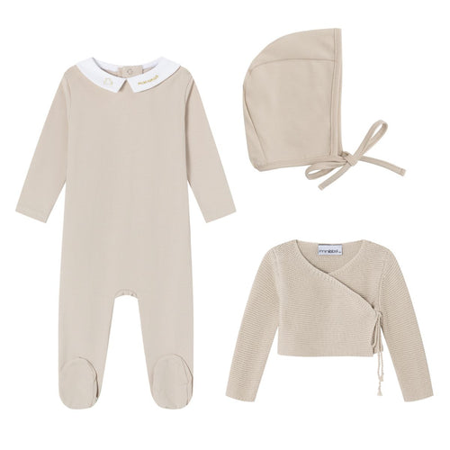 Mini Label Taupe Metallic Embroidered Footie, Cardigan, And Bonnet Set