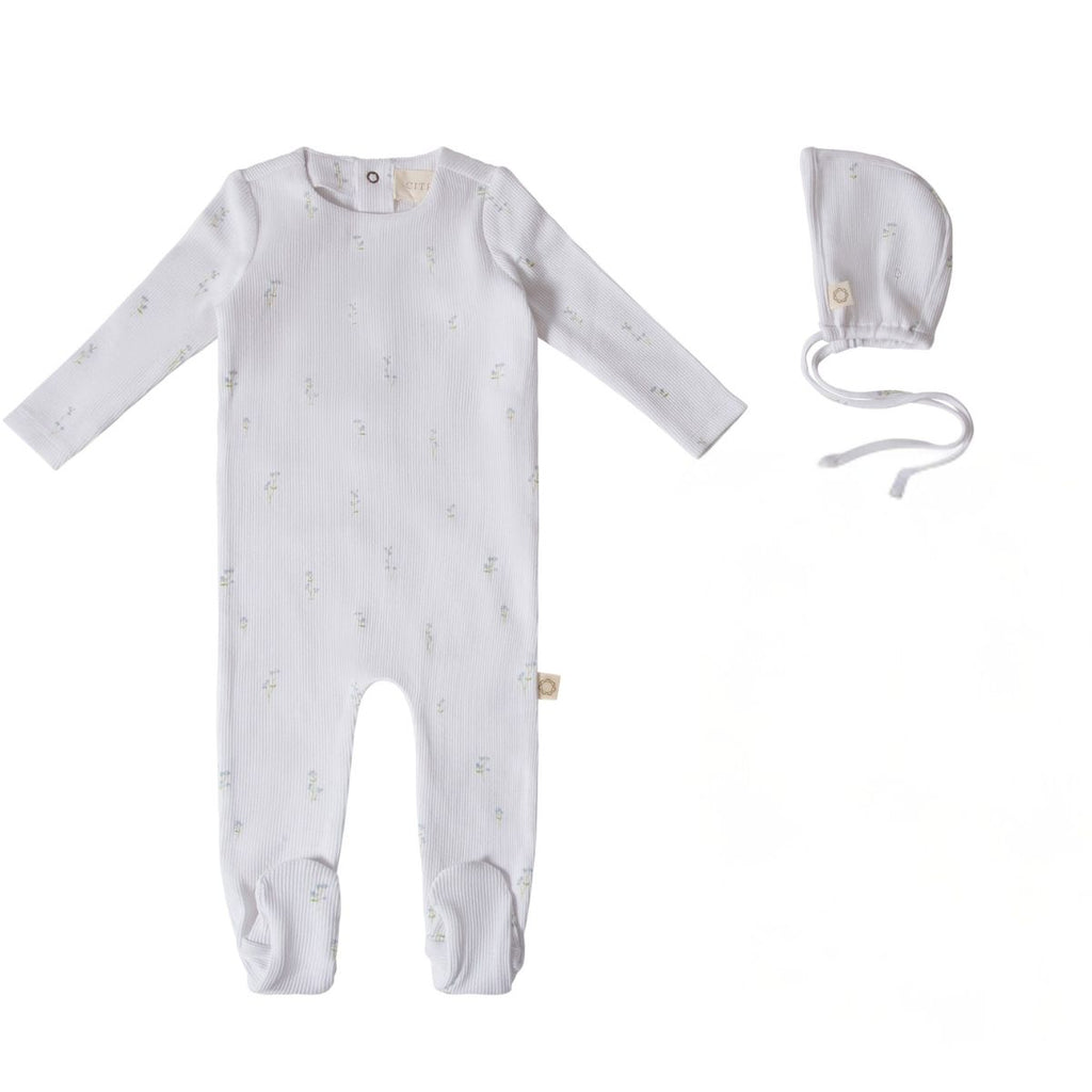 Citrine Stem Flower Footie And Hat - Blue/White