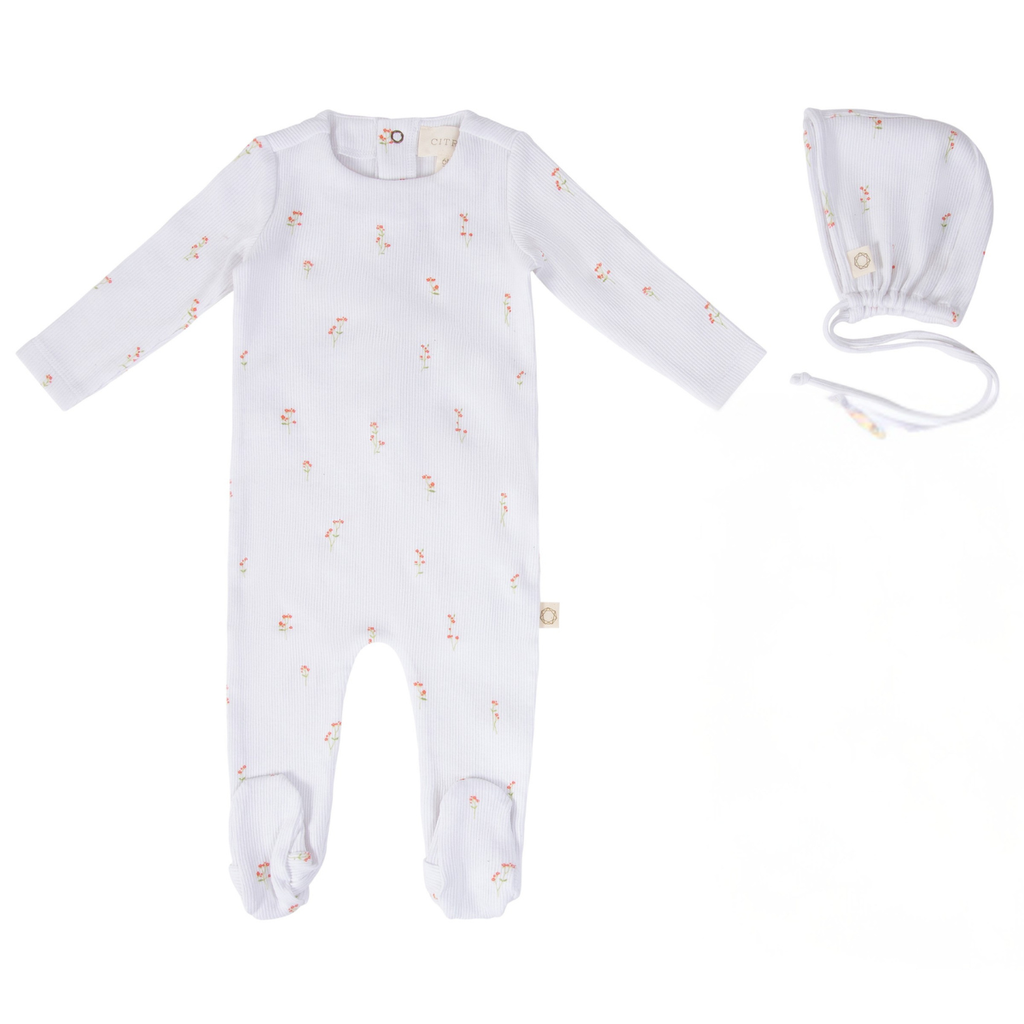 Citrine Stem Flower Footie And Hat - Red/White