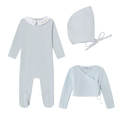 Mini Label Blue Metallic Embroidered Footie, Cardigan, And Bonnet Set