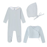 Mini Label Blue Metallic Embroidered Footie, Cardigan, And Bonnet Set