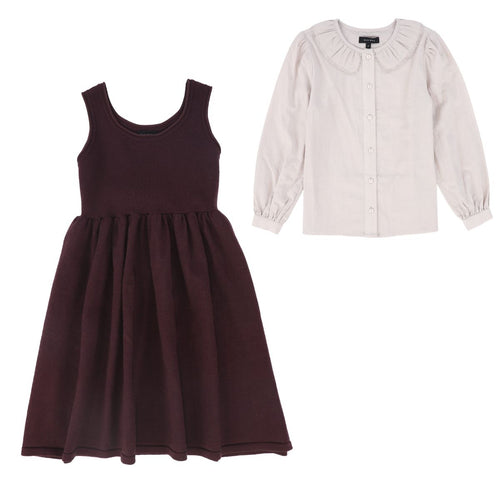 Bamboo Flare Knit Jumper And Collar Tissue Blouse Set - Burgundy/Lilac