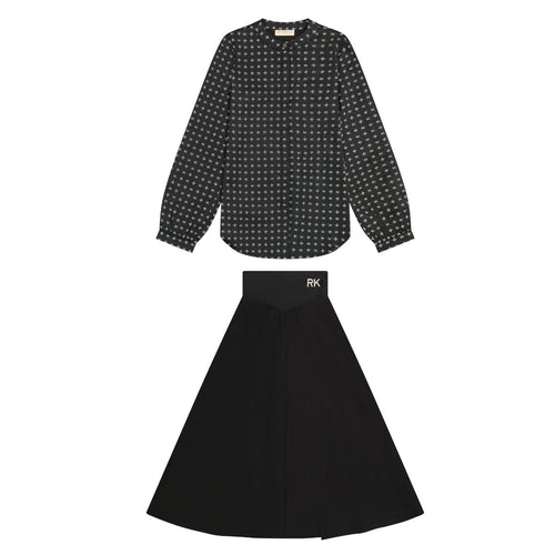 Retro Kid Mae Silky Printed Shirt And Maxi Skirt Set - Black
