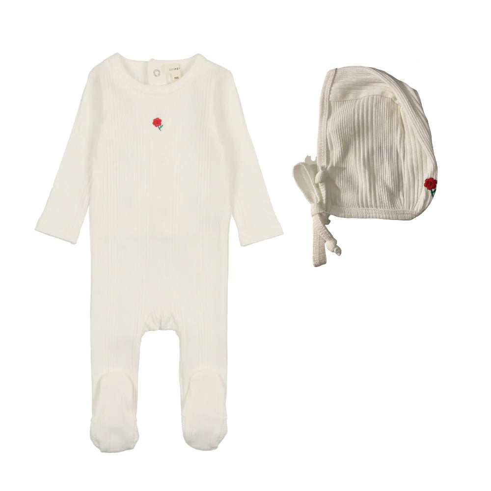 Lil Legs Multirib Flower Footie & Bonnet - Winter White