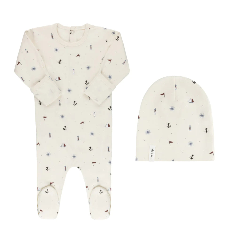 Ely's & Co Jersey Cotton Printed Nautical Footie & Hat - Ivory