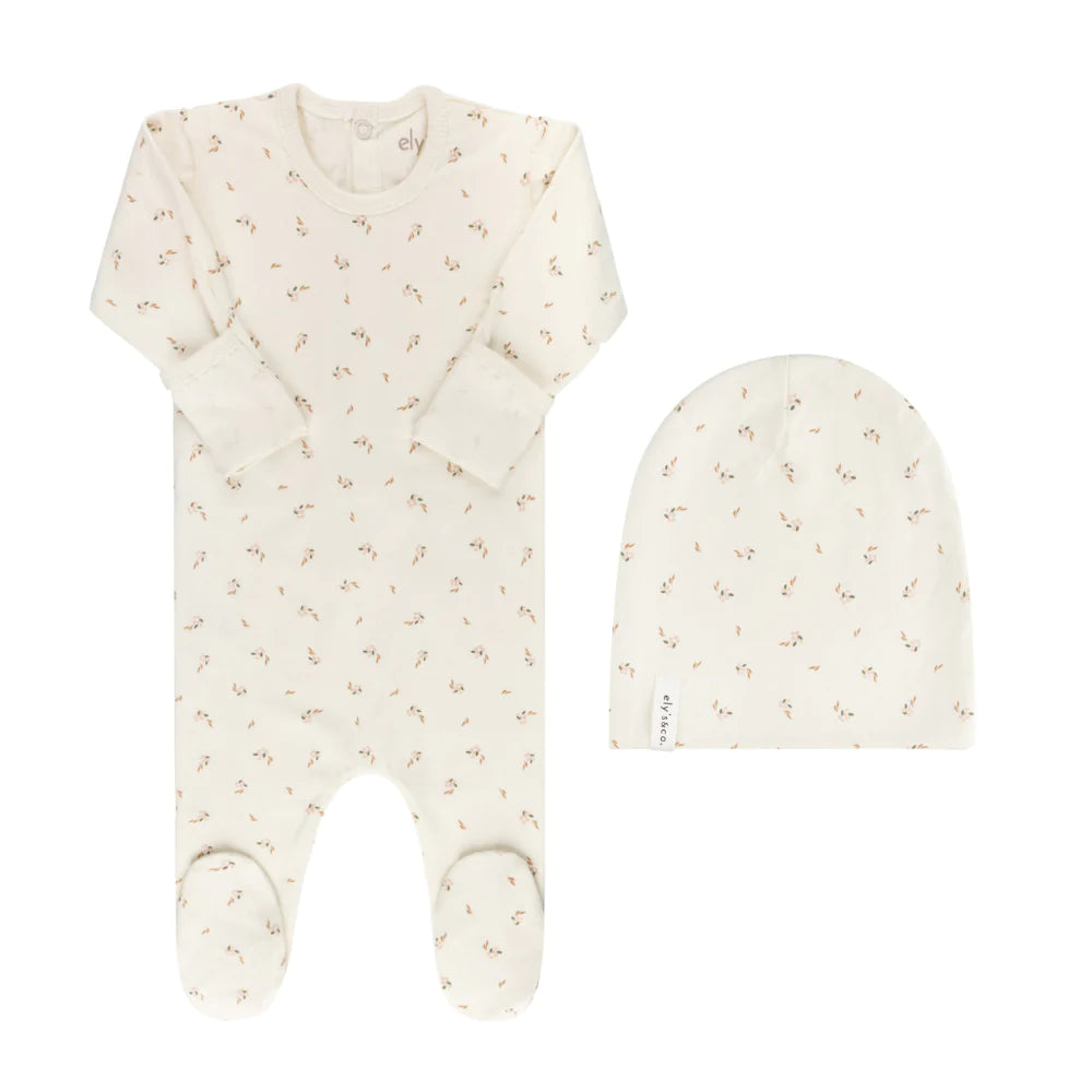 Ely's & Co Jersey Cotton Printed Floral Footie & Hat - Ivory