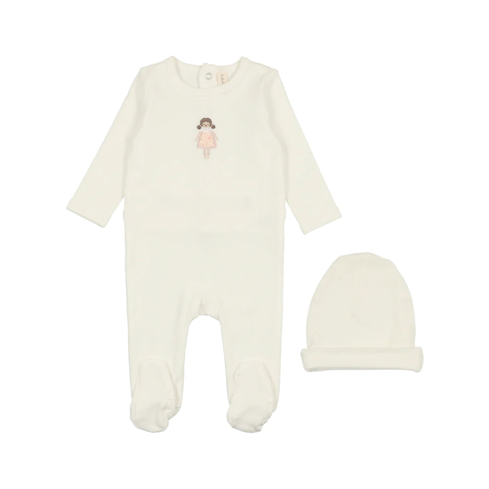 Lil Legs Embroidered Footie and Beanie Set - White Doll