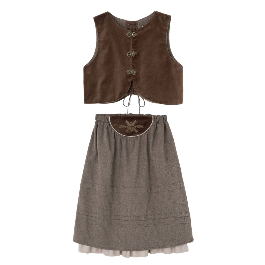 Popelin Brown Velvet Vest And Midi Skirt With Tucks And Embroidered Yoke (104.2 / 106.2)