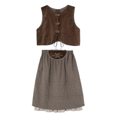 Popelin Brown Velvet Vest And Midi Skirt With Tucks And Embroidered Yoke (104.2 / 106.2)