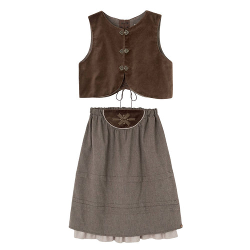 Popelin Brown Velvet Vest And Midi Skirt With Tucks And Embroidered Yoke (104.2 / 106.2)