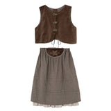 Popelin Brown Velvet Vest And Midi Skirt With Tucks And Embroidered Yoke (104.2 / 106.2)