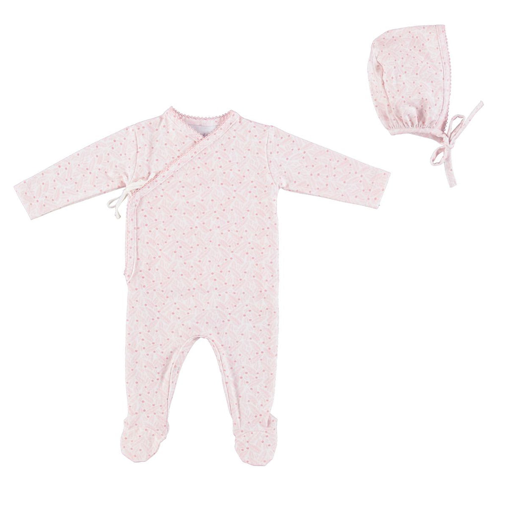 Bebe Organic Idra Footie And Bonnet - Pink Leaves