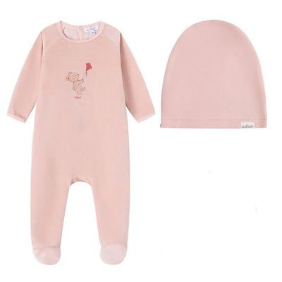 Oubon Bear And Kyte Velour Footie And Hat - Pink