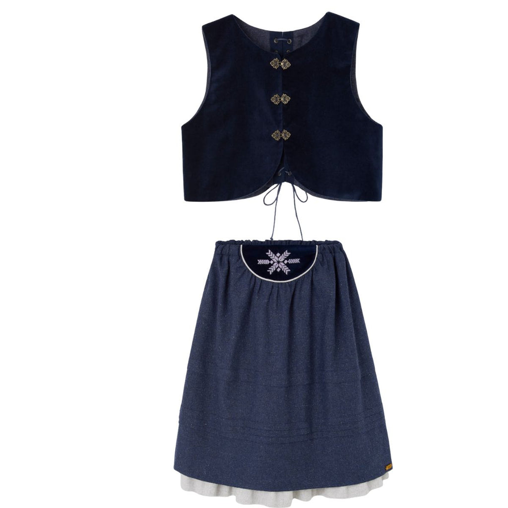 Popelin Navy Blue Velvet Vest And Midi Skirt With Tucks And Embroidered Yoke (104.3 / 106.3)
