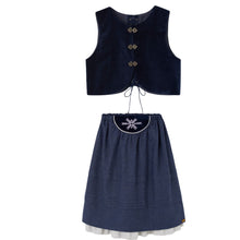 Load image into Gallery viewer, Popelin Navy Blue Velvet Vest And Midi Skirt With Tucks And Embroidered Yoke (104.3 / 106.3)