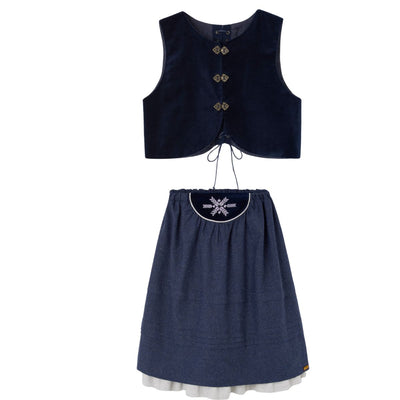 Popelin Navy Blue Velvet Vest And Midi Skirt With Tucks And Embroidered Yoke (104.3 / 106.3)