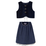 Popelin Navy Blue Velvet Vest And Midi Skirt With Tucks And Embroidered Yoke (104.3 / 106.3)