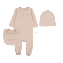Load image into Gallery viewer, Mema Knits Embroidered Stitch Teddy Footie, Beanie &amp; Bib - Baby Blush/Pink Stitching