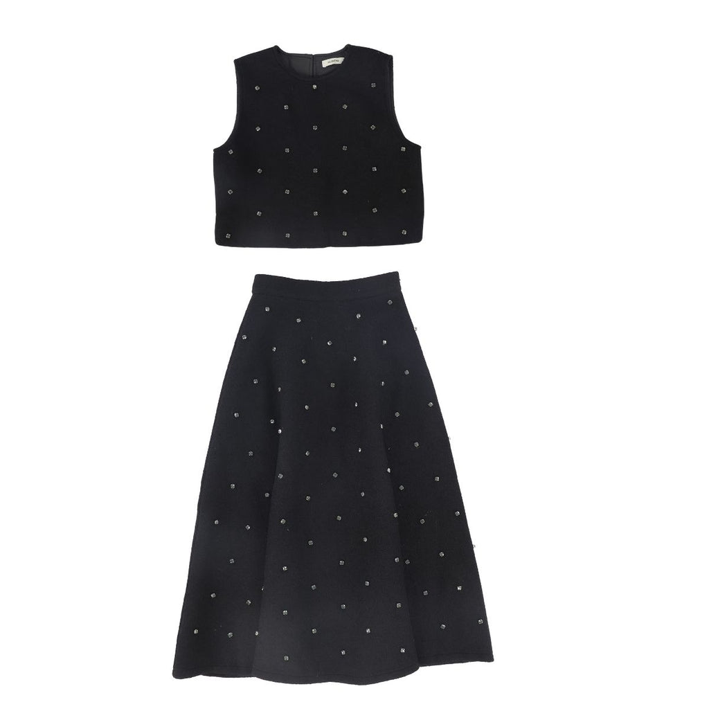 Valentina Jewel Wool Vest And Midi Skirt Set - Black