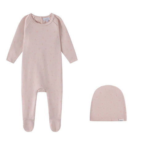 Oubon Pink Cotton Bud Print Footie And Hat
