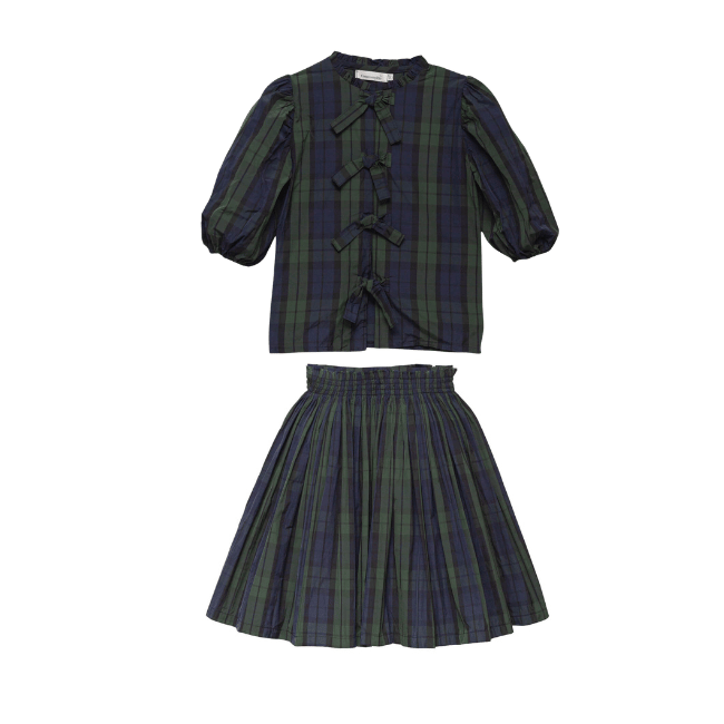 Cosmosophie Bow Shirt And Skirt Set - Green/Blue Plaid