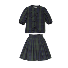 Load image into Gallery viewer, Cosmosophie Bow Shirt And Skirt Set - Green/Blue Plaid