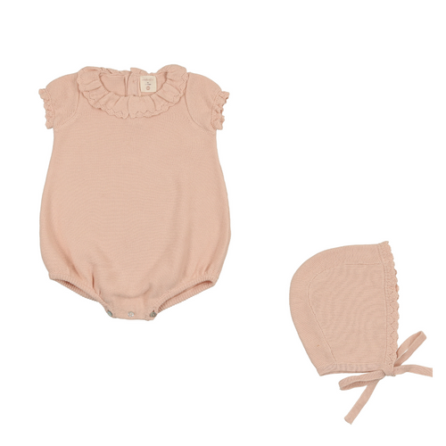 Lilette Knit Collar Ruffle Romper & Bonnet - Soft Pink