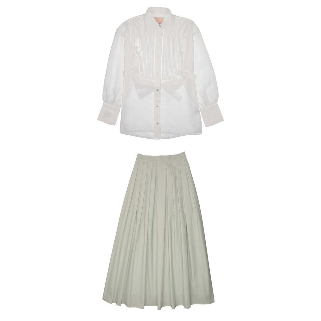 Little Tempest Taffeta Teens Maxi Skirt And Pintuck Shirt Set - Mint Green/White