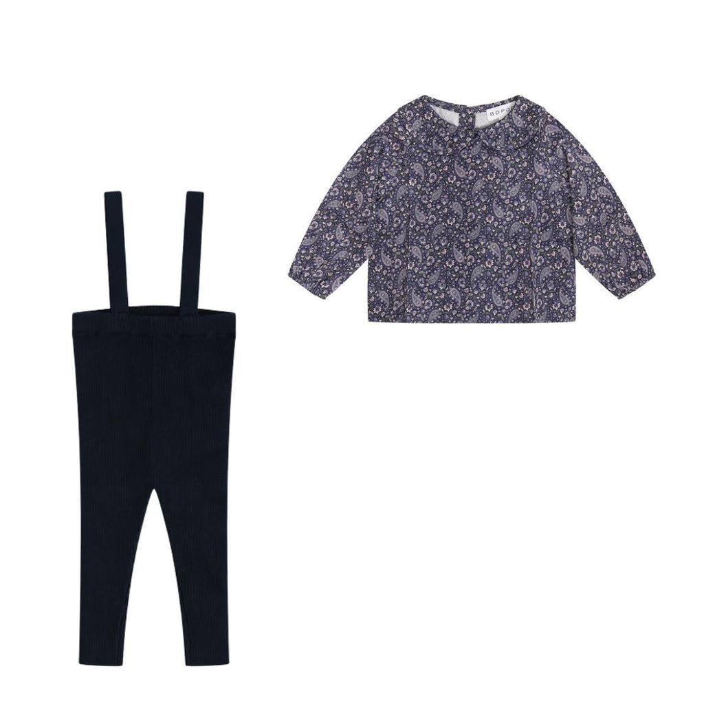Bopop Paisley Baby Girl Blouse And Knit Suspender Legging Set - Navy
