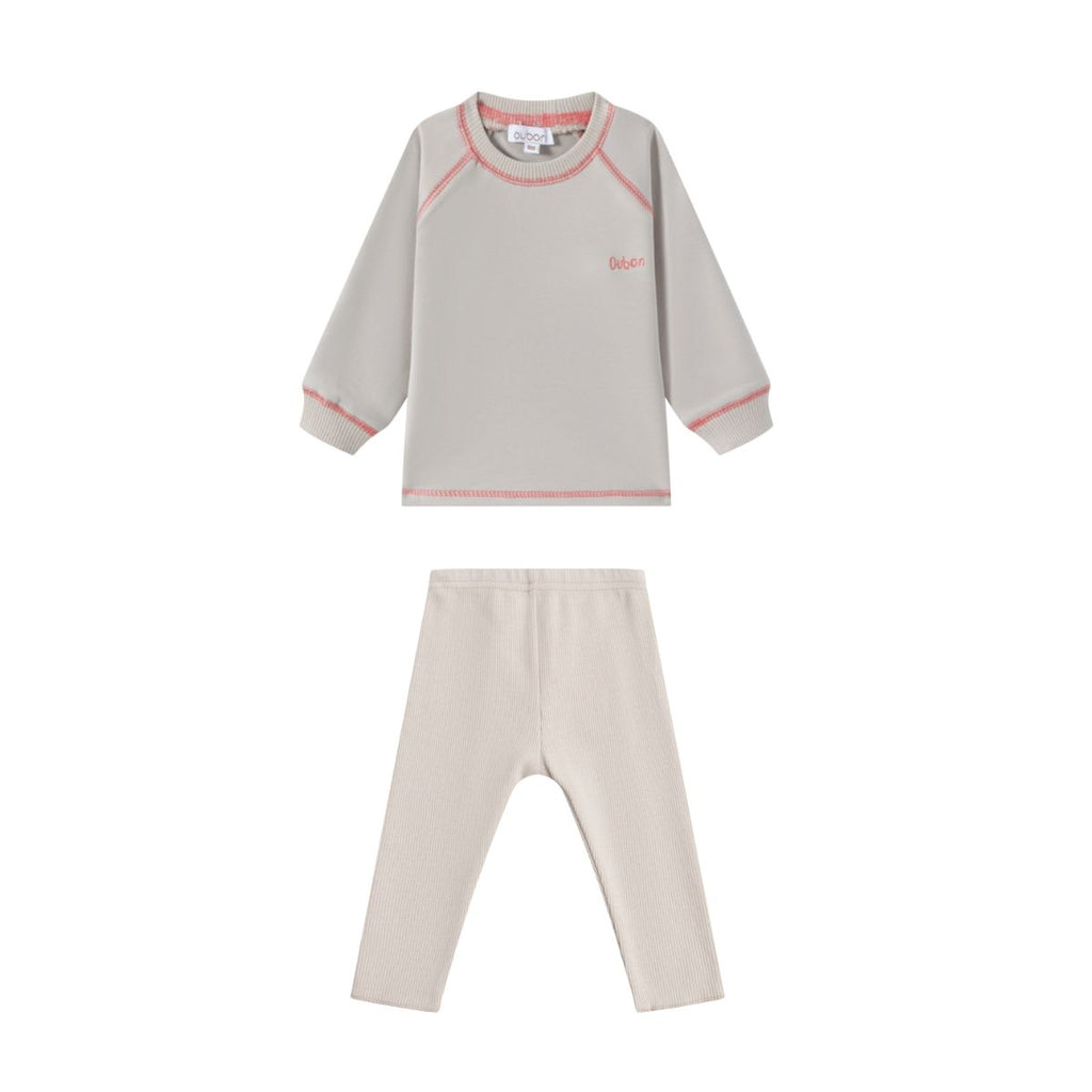 Oubon Contrast Stitch Sweat Set - Stone