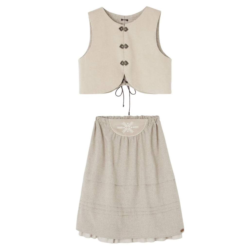 Popelin Beige Velvet Vest And Midi Skirt With Tucks And Embroidered Yoke (104.1 / 106.1)