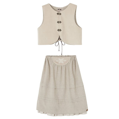 Popelin Beige Velvet Vest And Midi Skirt With Tucks And Embroidered Yoke (104.1 / 106.1)